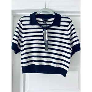 House of Harlow 1960 100% Cashmere Striped Polo Sweater Navy Ivory NWT Large
